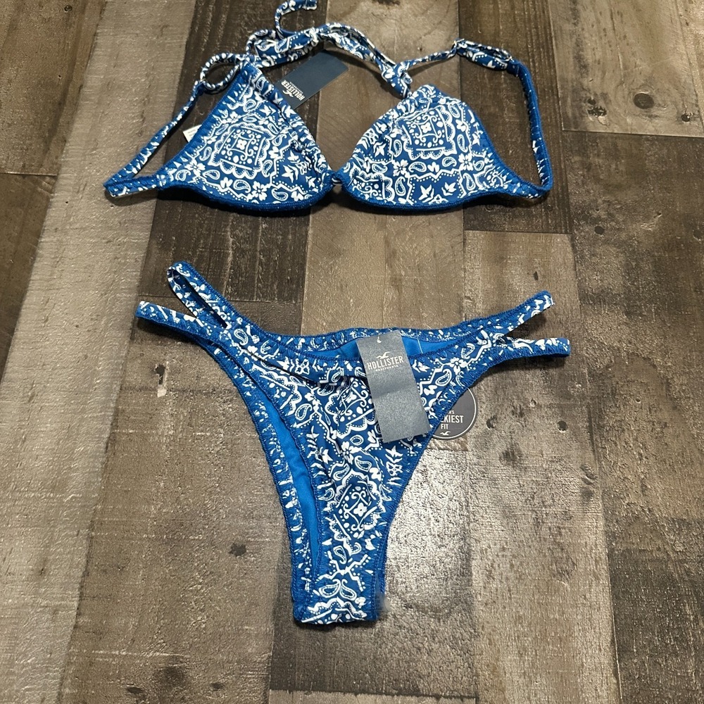 NWT Hollister Cheekiest Fit Bikini Top & Bottom Blue White Hawaiian Size Small S